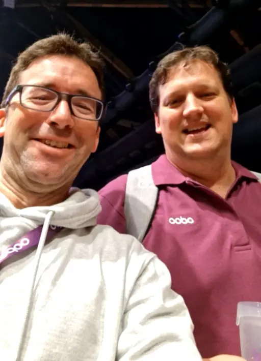 Tom Griffith of Midlandjobs (L) pictured with Fabien Pinckaers, Founder and CEO of Odoo (R) at the Odoo Experience 2024